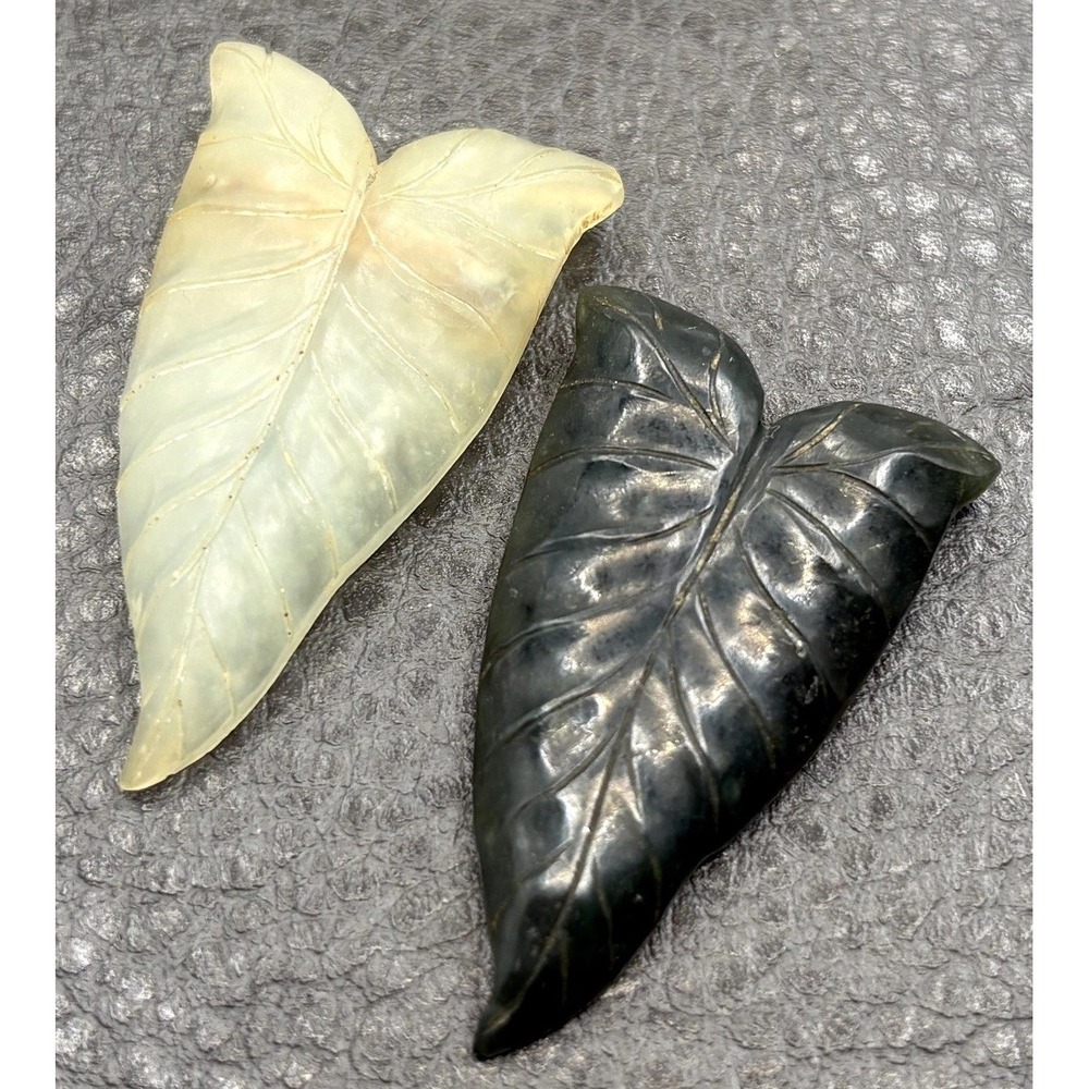 Vintage Art Deco Carved White And Green Jade Leaf Stone Dress Clips 1 Sterling